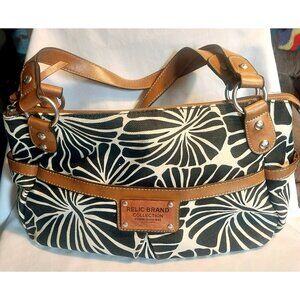 Relic Brand Black & White Floral Canvas Handbag With Tan Faux Leather Handles